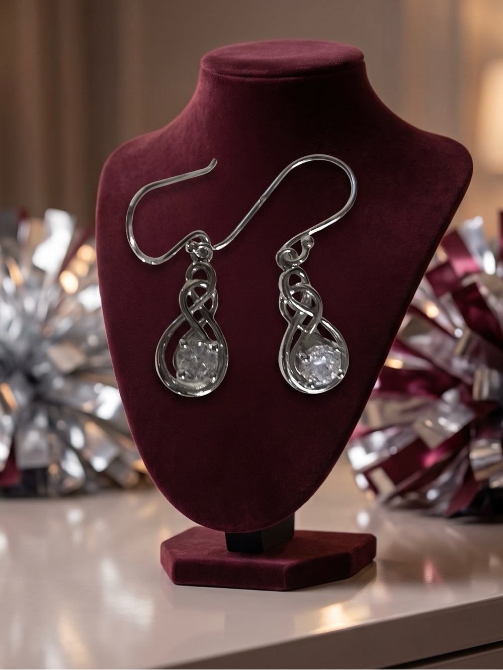 Silver tone Twisted Drop Earrings with Clear Crystals - Silver